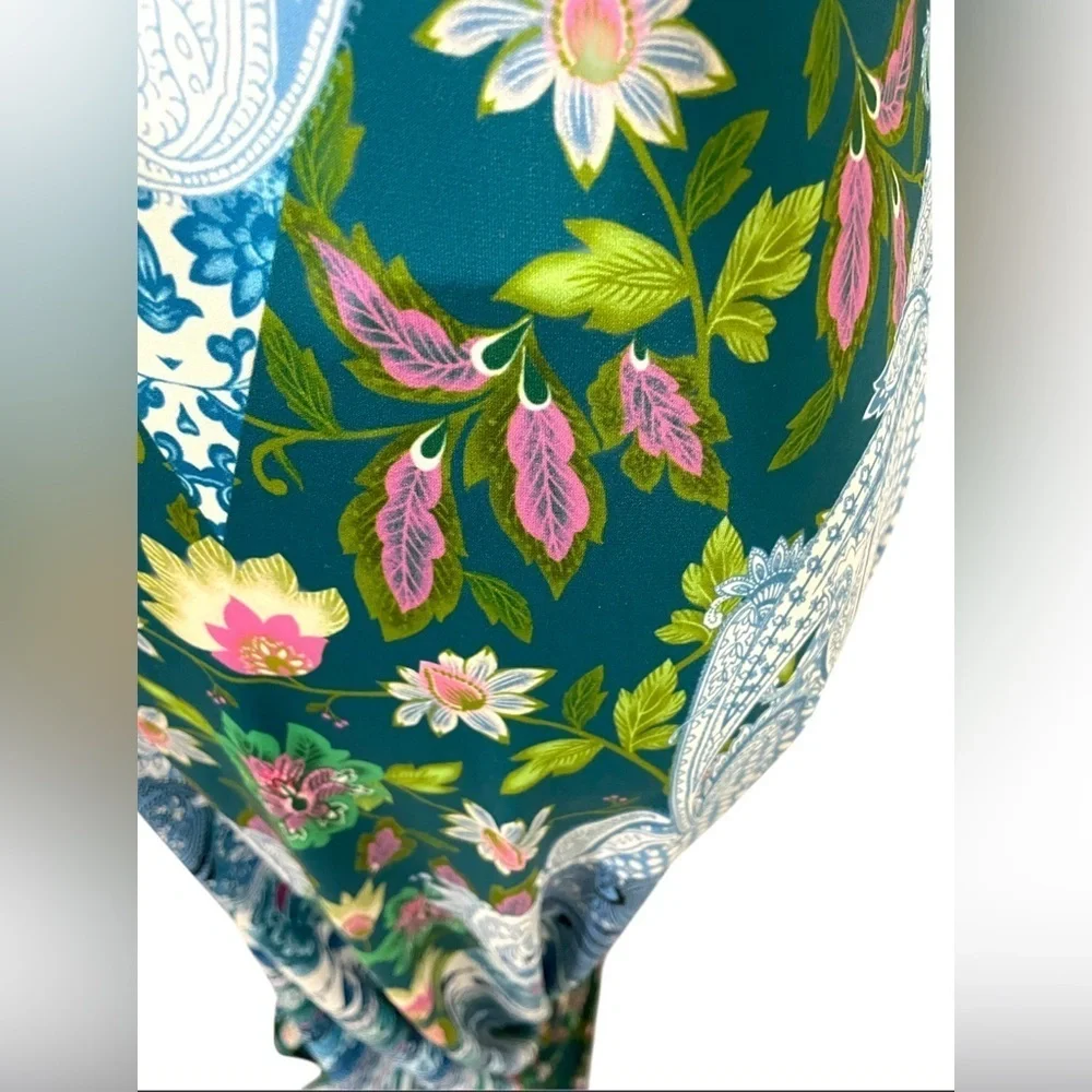 Hale Bob Floral Resort Maxi Dress XS Blue Green Ruffle Neck EUC